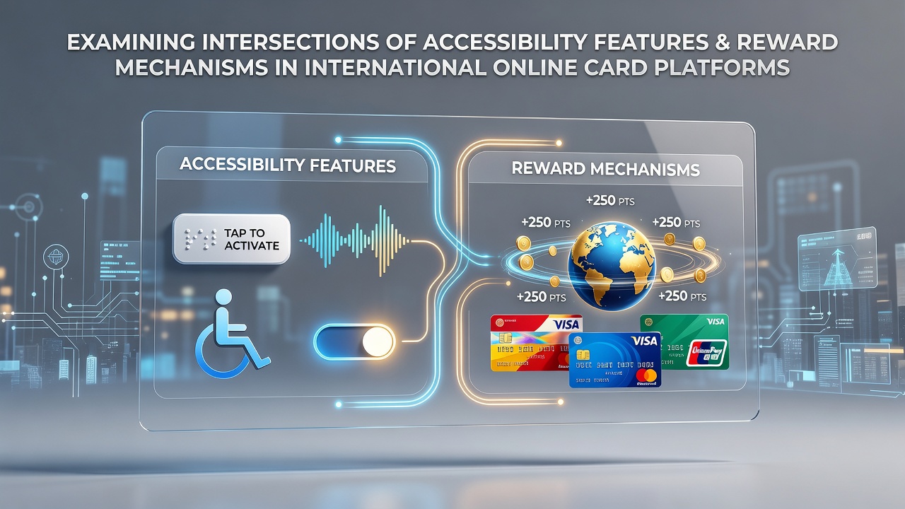 Global online card platforms showing accessible interfaces alongside reward dashboards on multiple devices