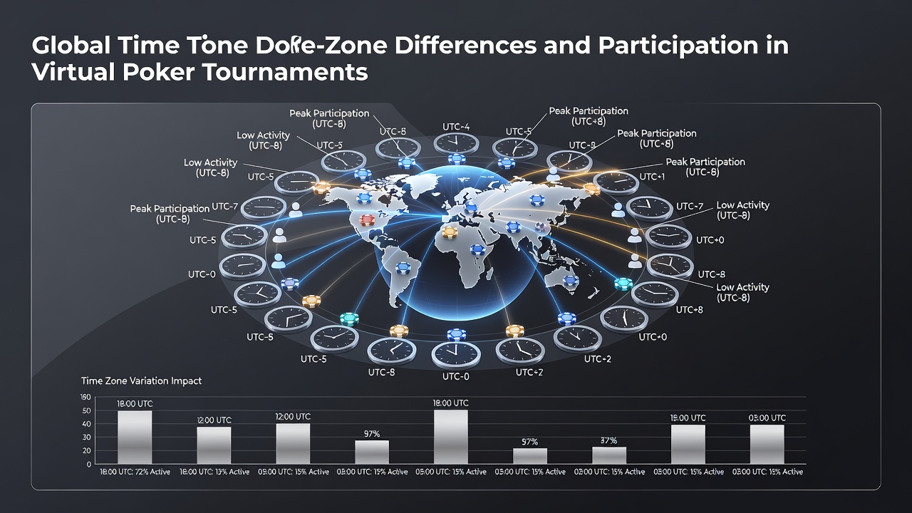 Global map highlighting time zone overlaps and peak poker participation windows across continents