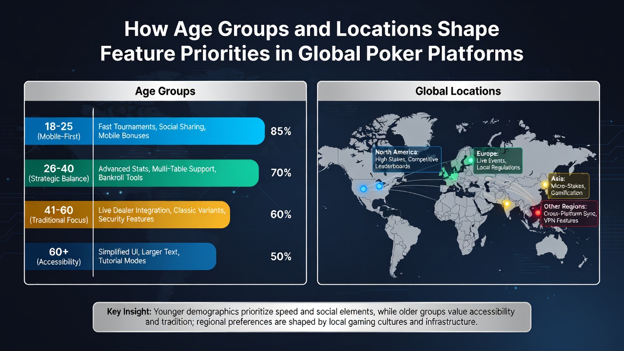 Global poker platforms showing varied user interfaces across age groups and regions