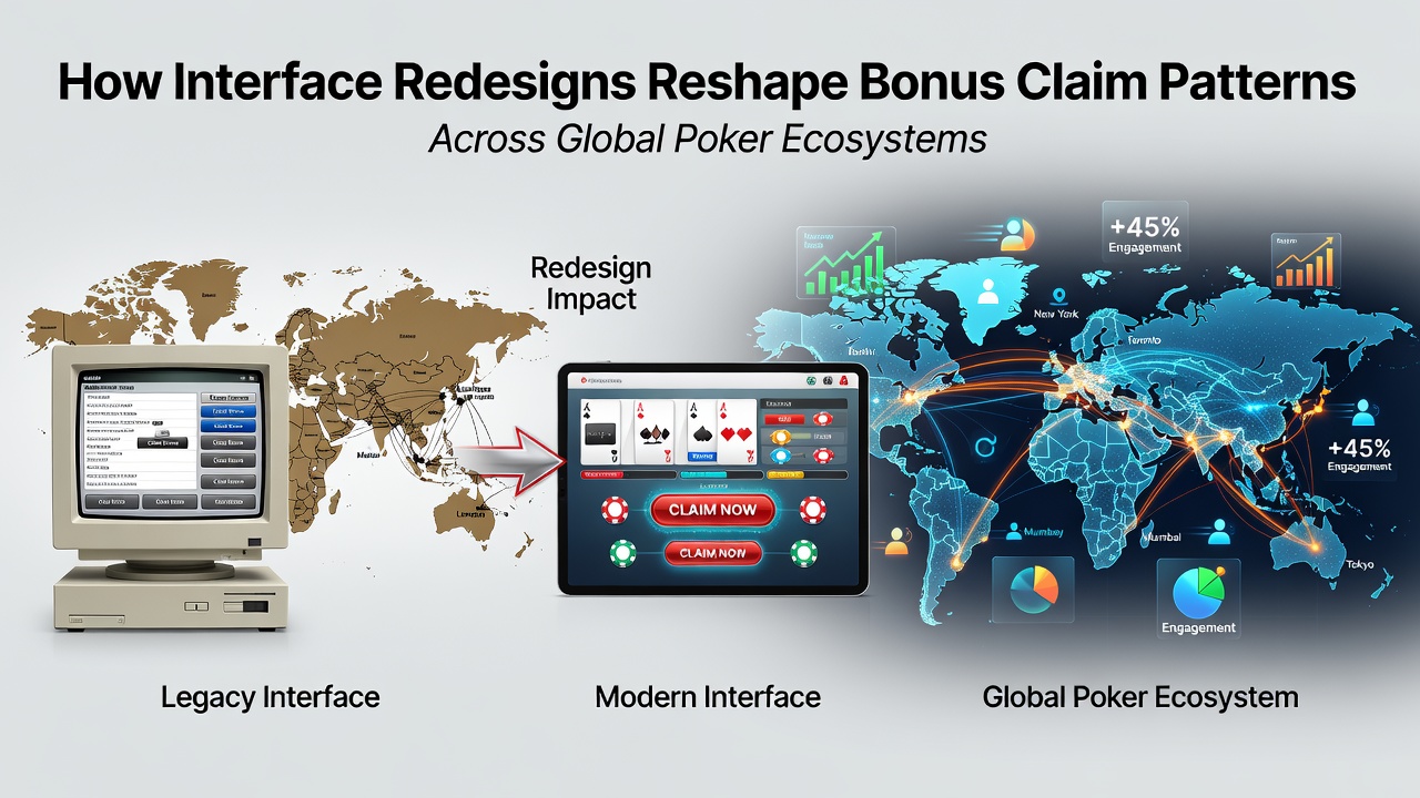 Global poker platforms display updated interface layouts with prominent bonus claim sections on mobile and desktop views