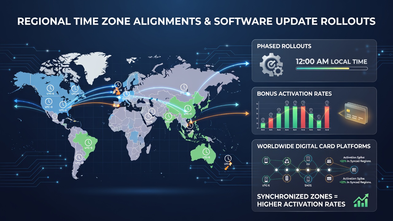 Global time zone map showing software rollout schedules across digital card platforms