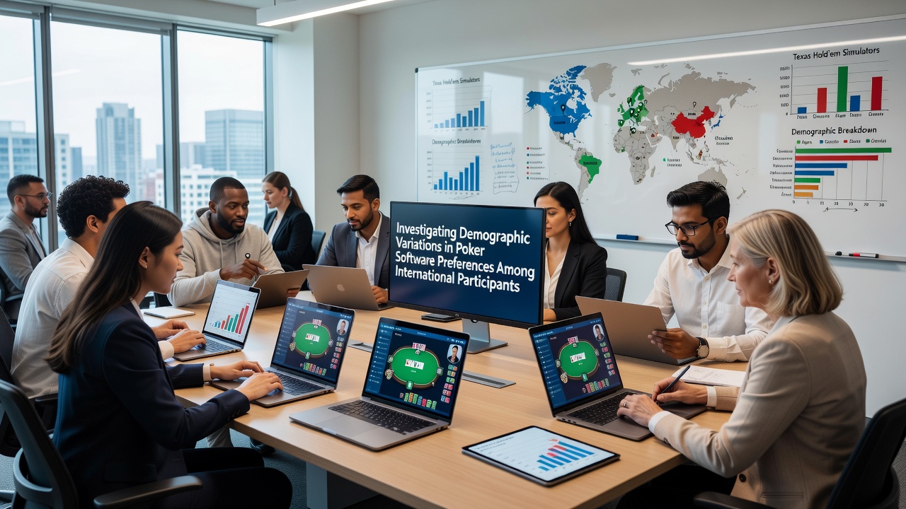 Diverse international poker participants comparing software features on various devices
