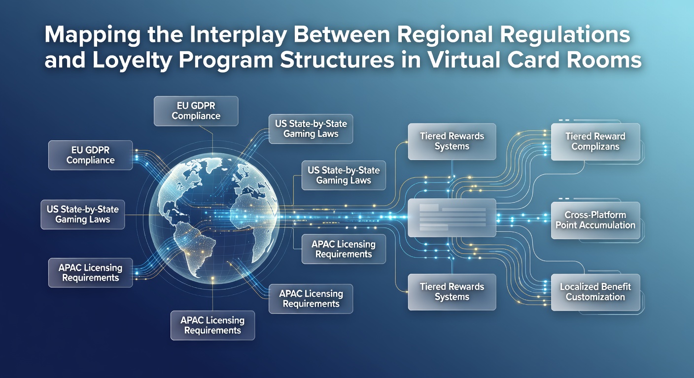 Virtual card room interface showing loyalty tiers and regional compliance indicators