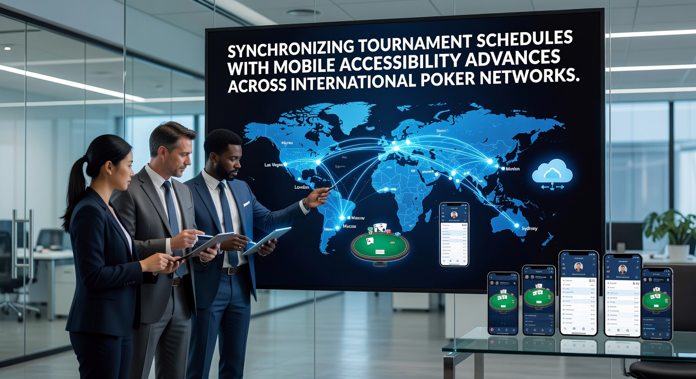 International poker players accessing synchronized tournament schedules on mobile devices across global networks