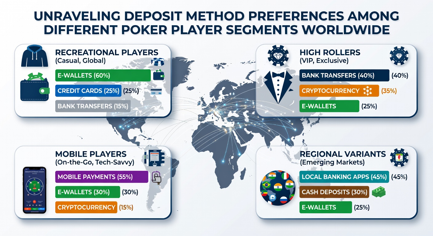 Infographic displaying deposit method statistics broken down by player segments and regions